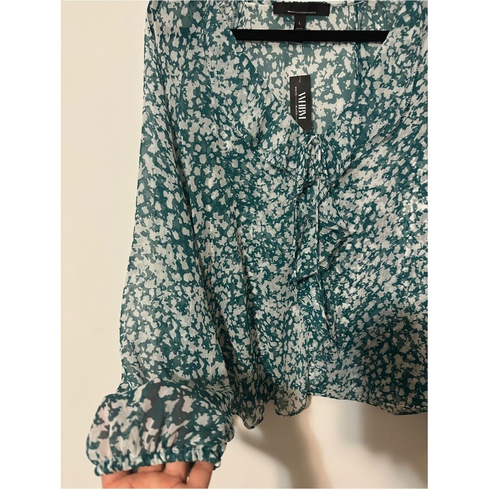 White House Black Market Ruffle Front Blouse SZ L V Neck Color Teal - Picture 5 of 14